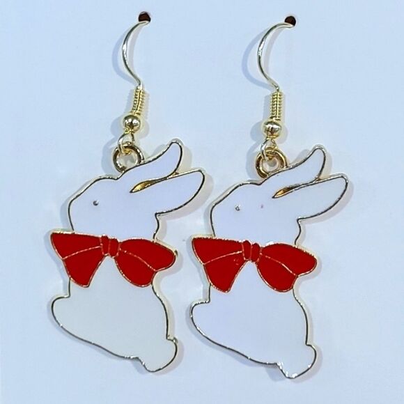 New Hand Crafted Cute White Rabbit with Bow Hook Earrings 14K Gold Plated - Picture 1 of 2